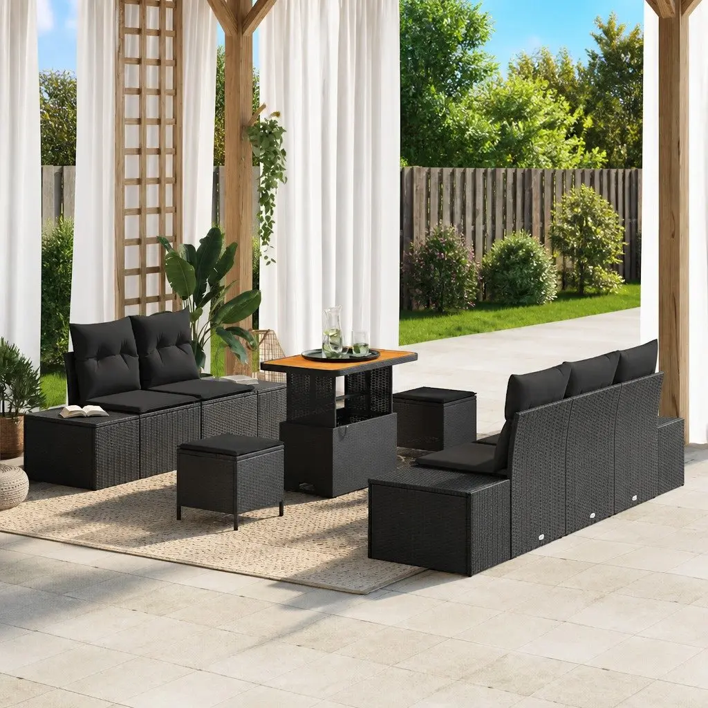 Garden Sofa Set Black 8 Piece Poly Rattan Outdoor Furniture with Height Adjustable Table and Cushioned Seating