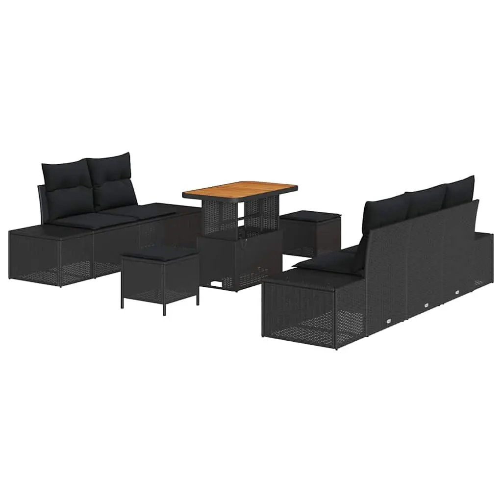 Garden Sofa Set Black 8 Piece Poly Rattan Outdoor Furniture with Height Adjustable Table and Cushioned Seating