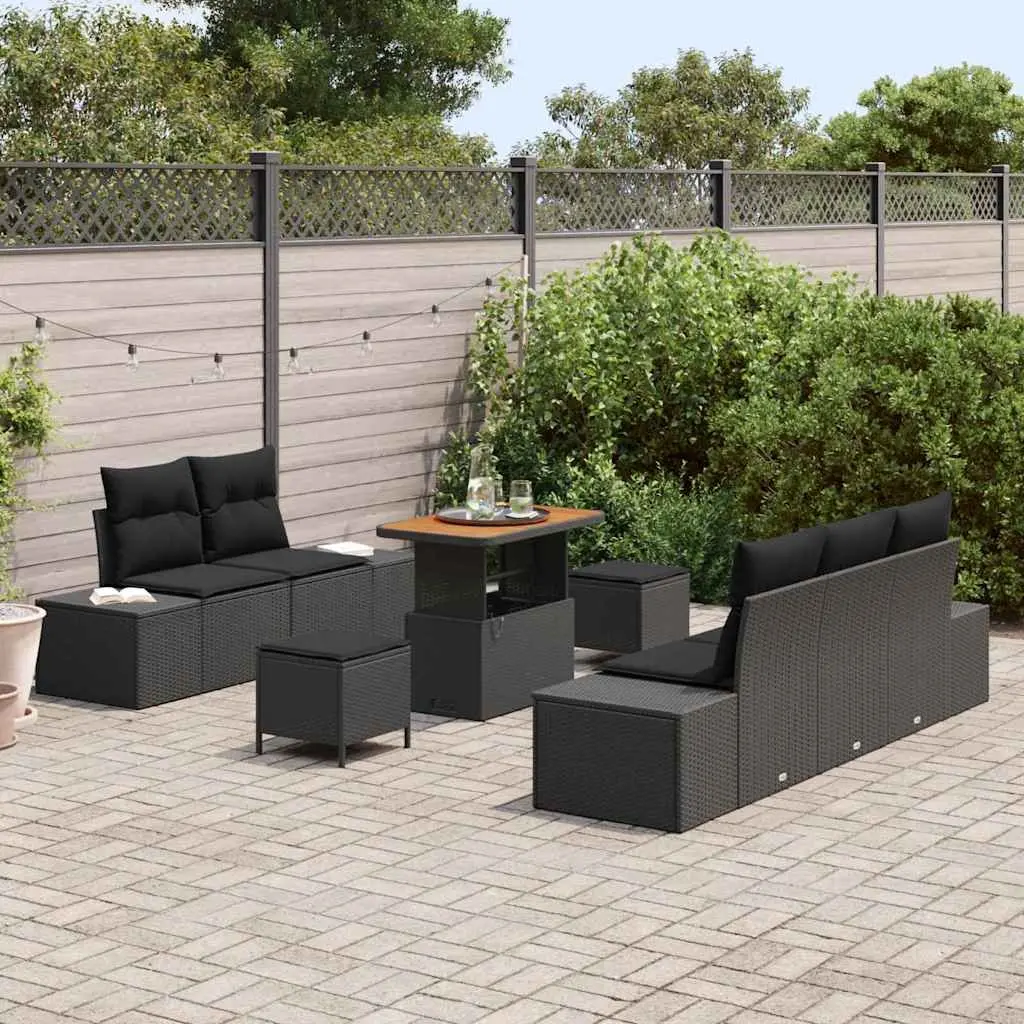 Garden Sofa Set Black 8 Piece Poly Rattan Outdoor Furniture with Height Adjustable Table and Cushioned Seating