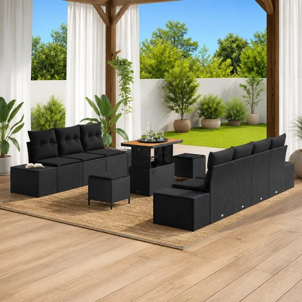 Modular Garden Sofa Set Black 10 Piece with Cushions Adjustable Table Poly Rattan