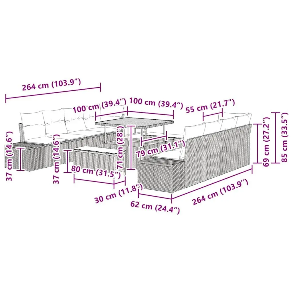 Garden Sofa Set Black 11 Pieces Outdoor Furniture Poly Rattan Steel Structure Weather Resistant