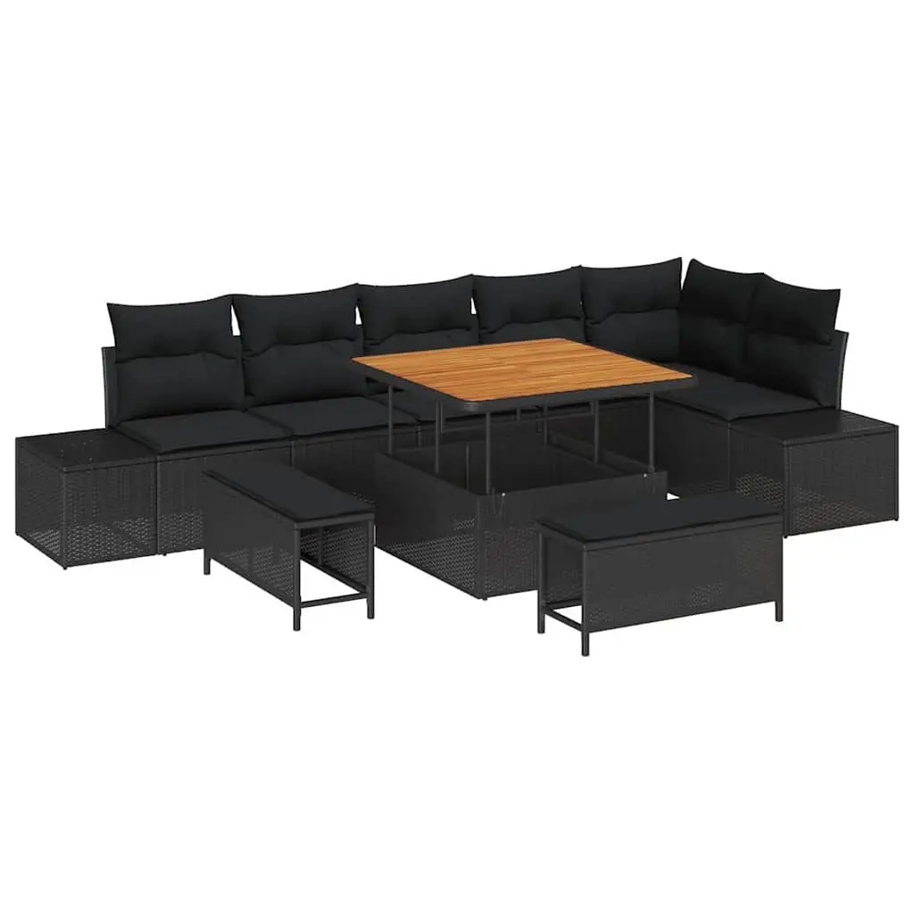 Garden Sofa Set Black 9 Piece Outdoor Furniture Rattan Lounge Seating with Adjustable Height Tabletop