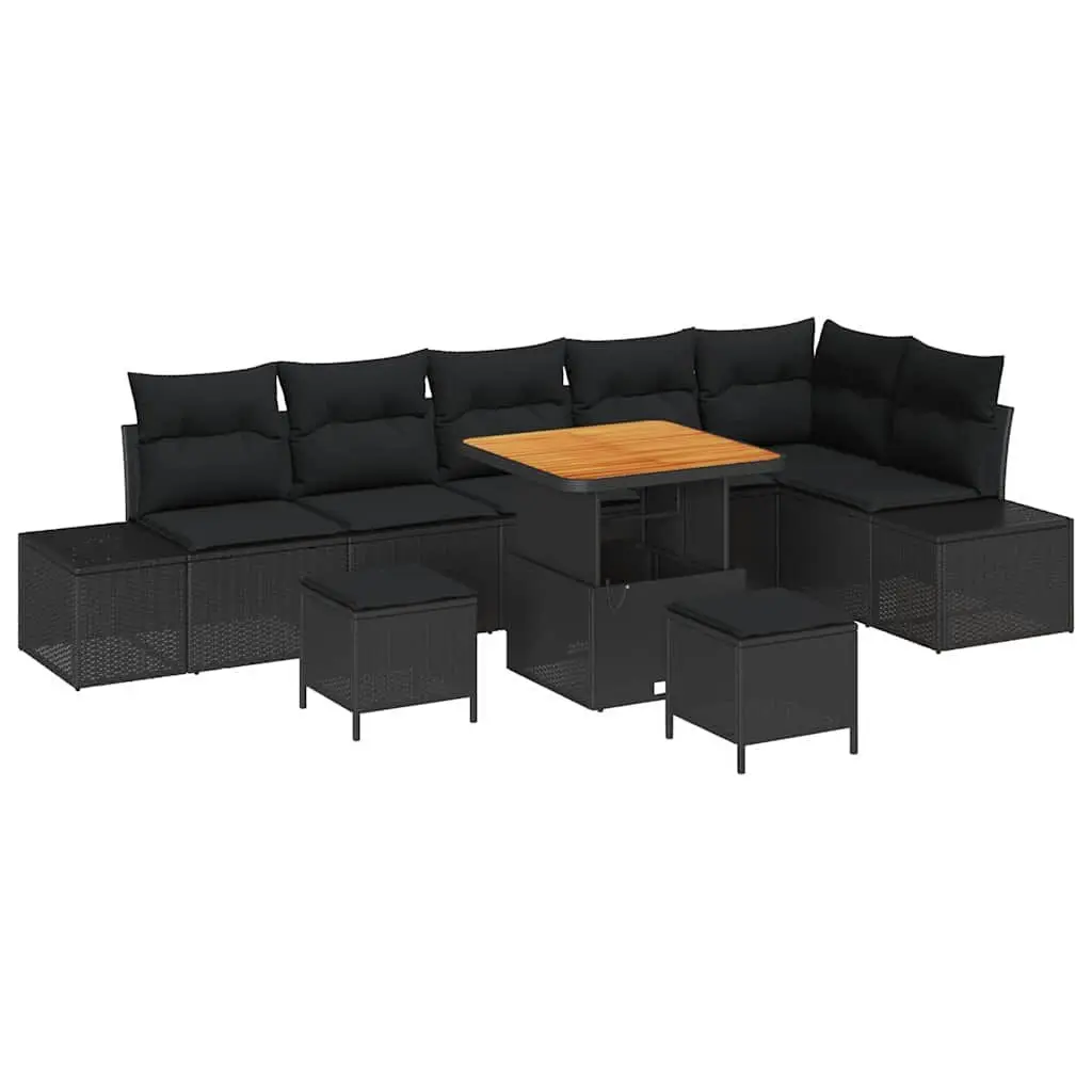9 Piece Outdoor Garden Sofa Set Black Poly Rattan with Cushions