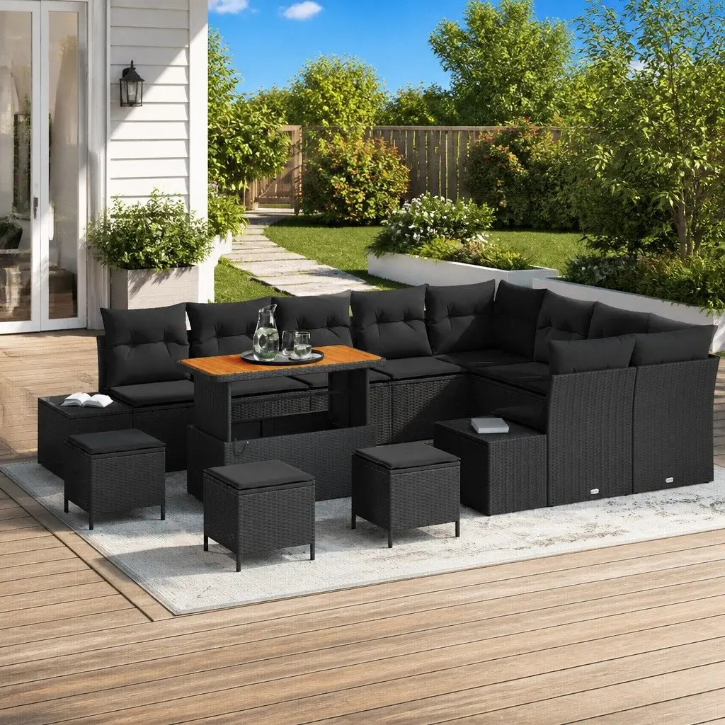 Garden Sofa Set Black 13 Piece Outdoor Furniture Poly Rattan with Cushions Steel Frame