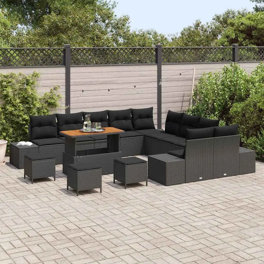 Garden Sofa Set Black 14 Piece Poly Rattan Outdoor Seating with Cushions and Steel Legs