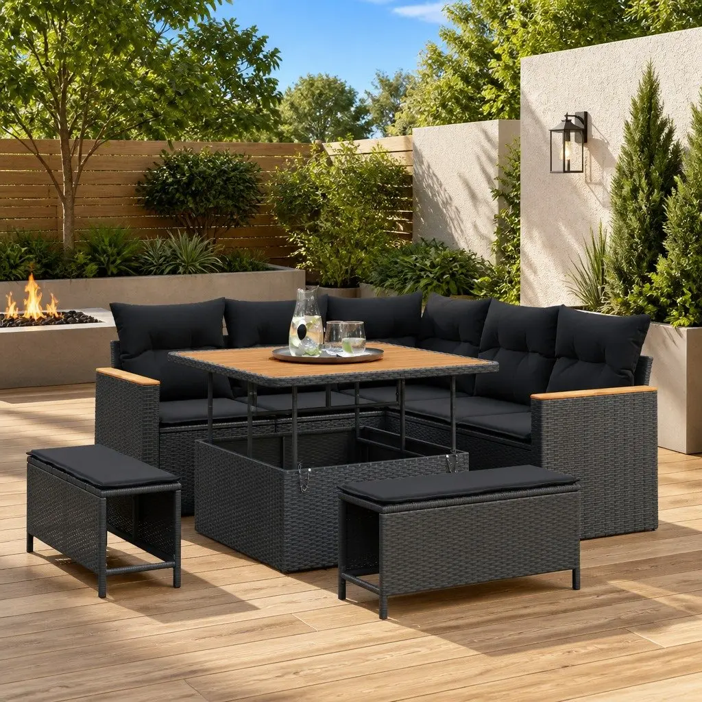 Garden Sofa Set Black 8 Piece Modular Rattan Outdoor Furniture Patio Lounge