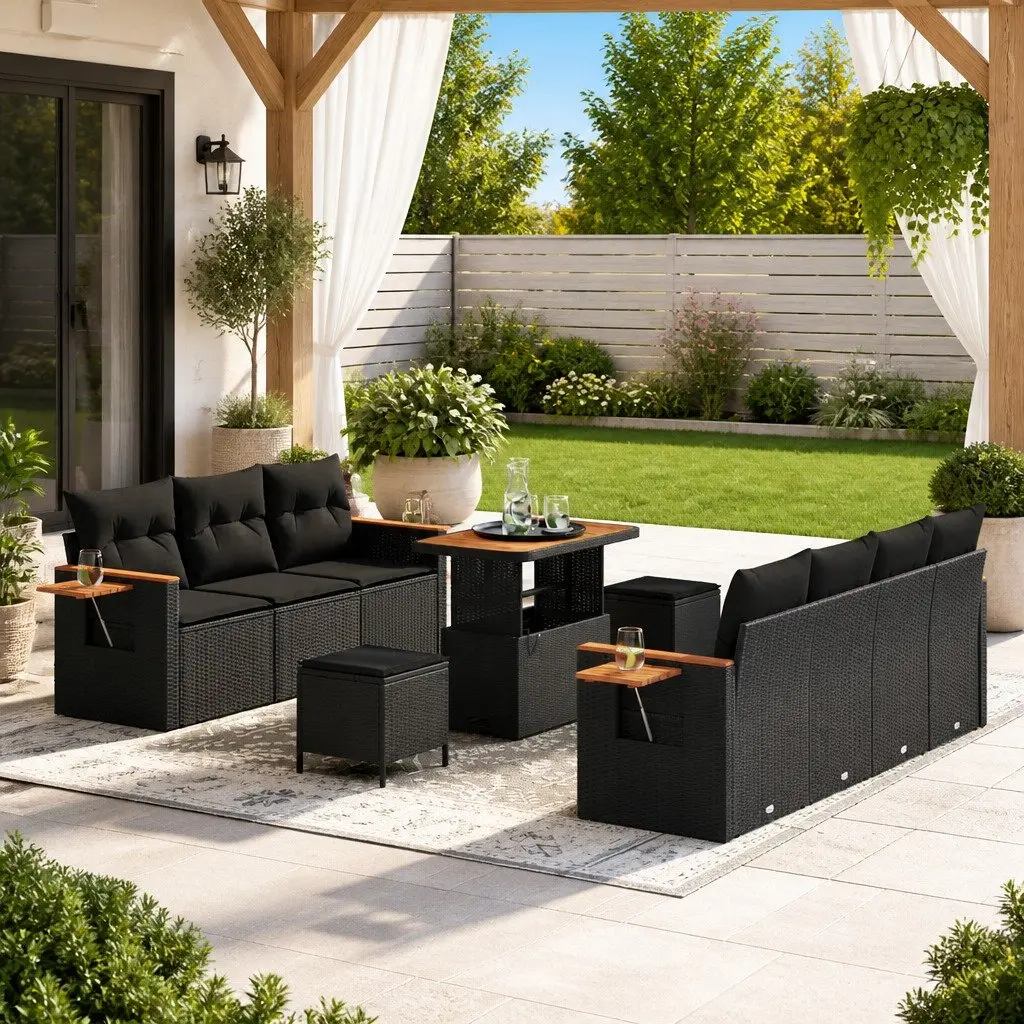 Garden Sofa Set Black 10 Piece Outdoor Furniture Poly Rattan Modular Lounge