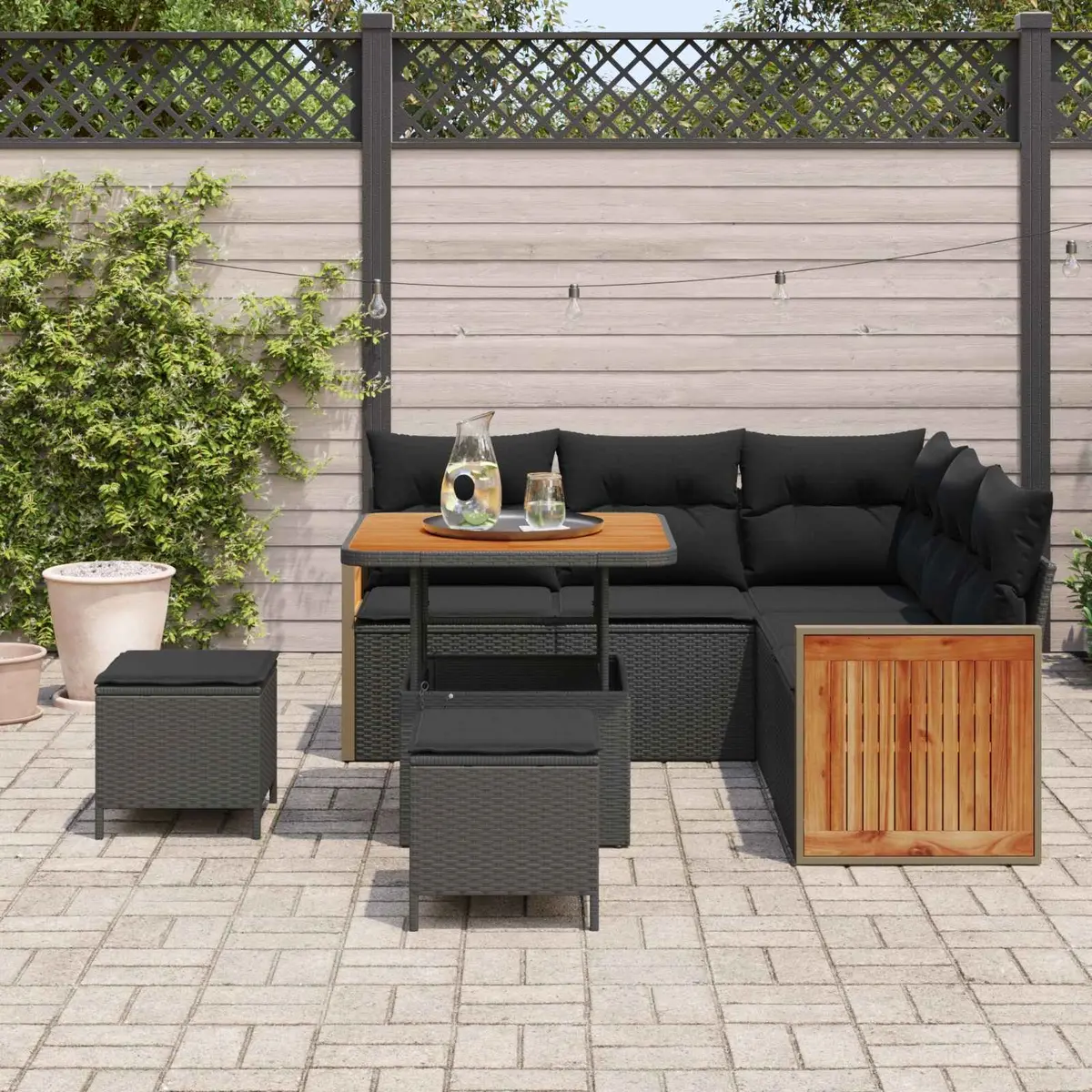 Outdoor Garden Sofa Set 8 Piece Black Poly Rattan Steel Frame Patio Furniture