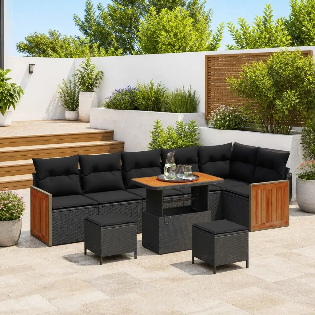 Garden Sofa Set Black 9 Pieces Poly Rattan Steel Frame Outdoor Seating