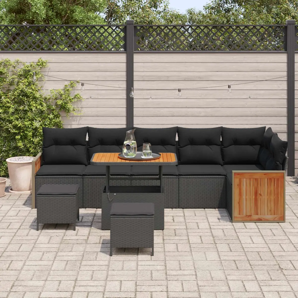 Garden Sofa Set Black 9 Pieces Poly Rattan Steel Frame Outdoor Seating