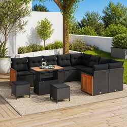 Concise 12-Piece Black Outdoor Sofa Set with Cushions
