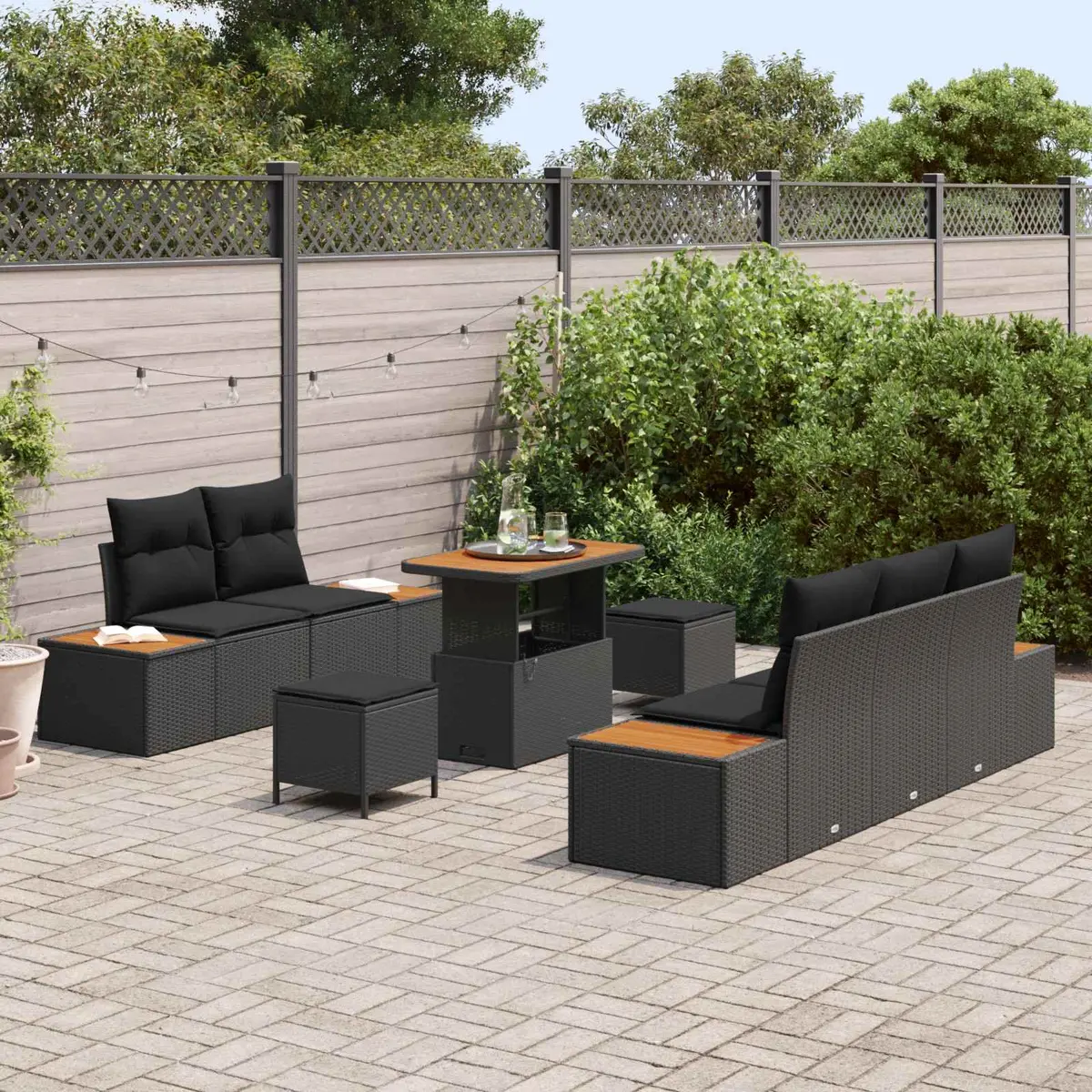 Outdoor Garden Sofa Set 8 Piece Modular Seating Black Poly Rattan Steel Frame