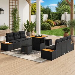 Outdoor Garden Sofa Set 9 Pcs Black Poly Rattan Steel Frame Modular Seating
