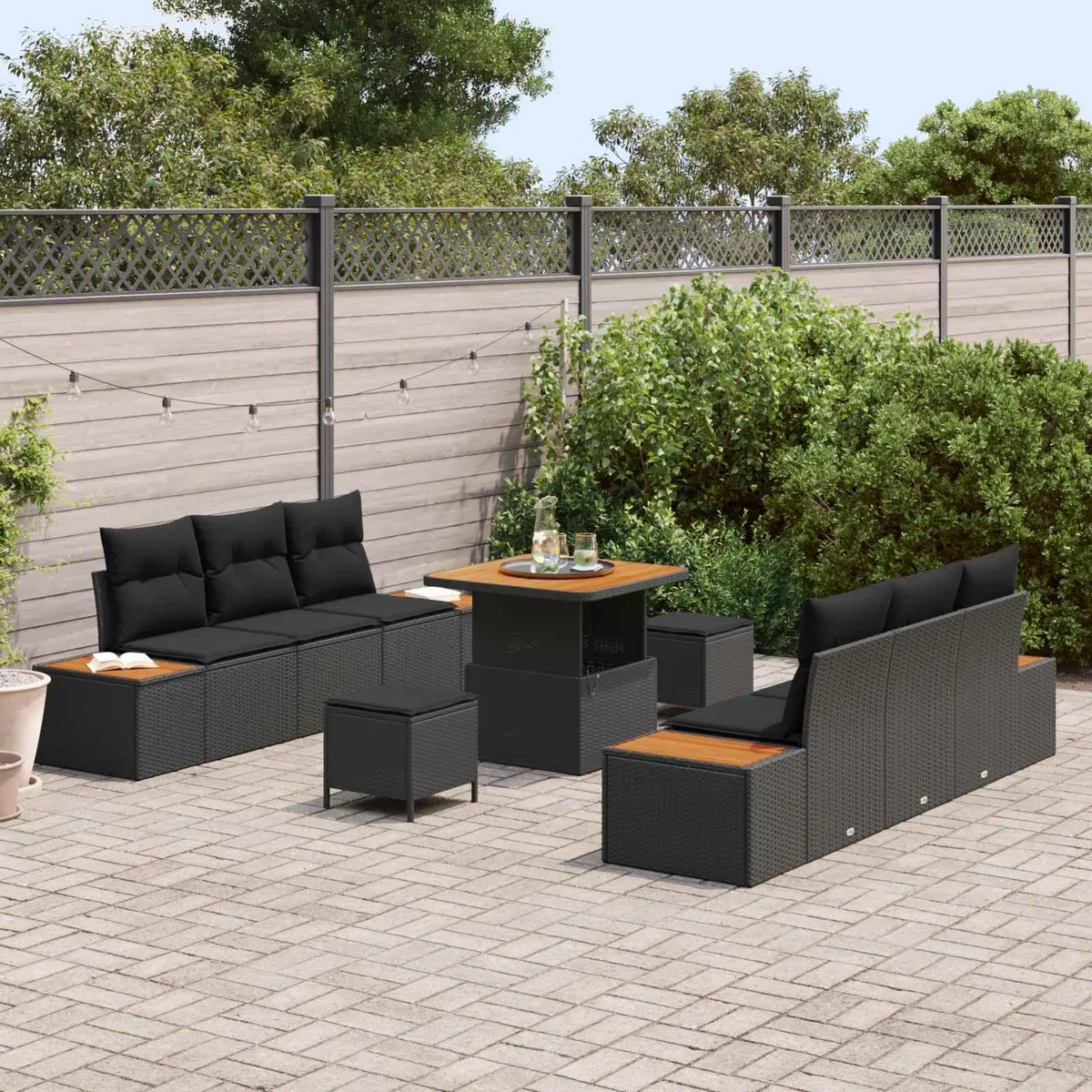 Outdoor Garden Sofa Set Black 9 Piece Modular Poly Rattan Steel Frame