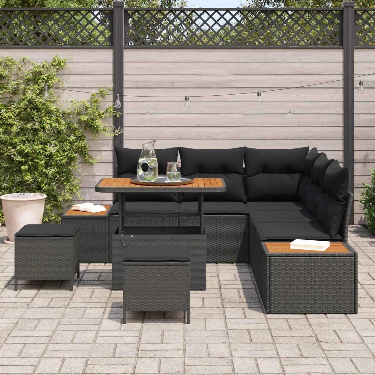 Outdoor Garden Sofa Set 8 Pieces Black Poly Rattan Steel Frame Modular Seating