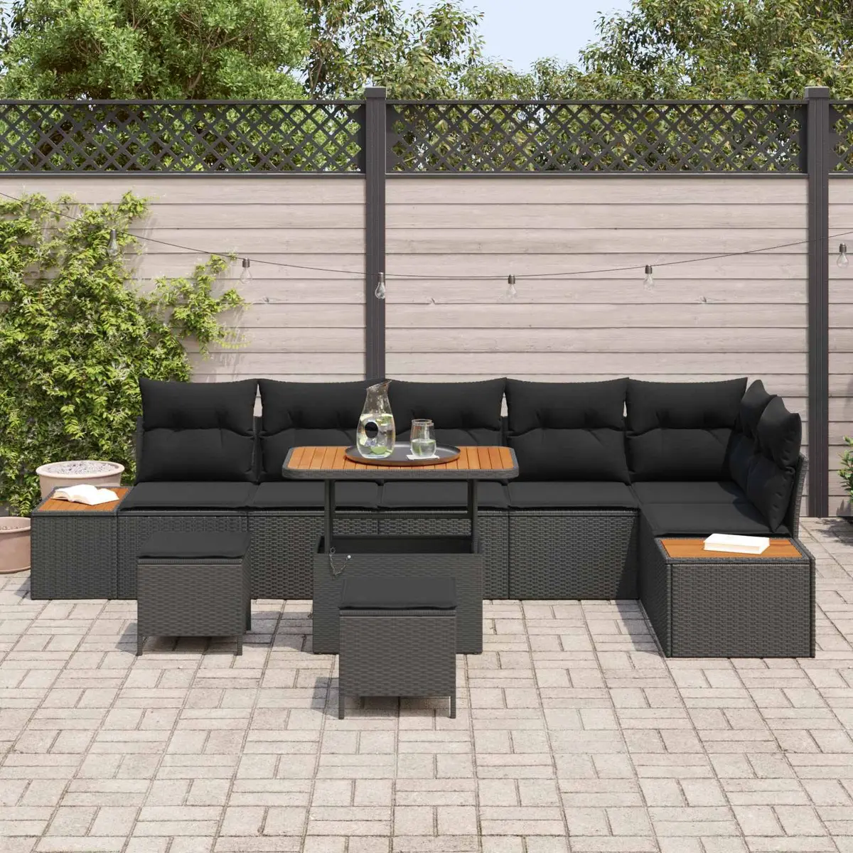Garden Sofa Set Black 9 Piece Modular Outdoor Seating with Height Adjustable Table