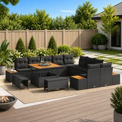 Garden Sofa Set 13 pcs Outdoor Furniture Black Poly Rattan Steel Frame Cushions