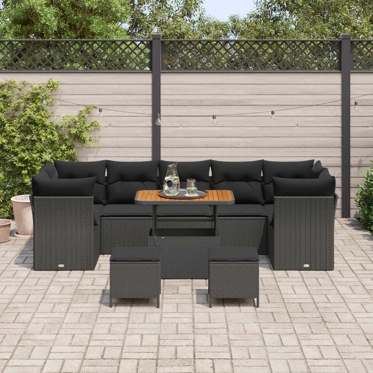 Modular Garden Sofa Set Black 10 Piece Height-Adjustable Table Storage Benches