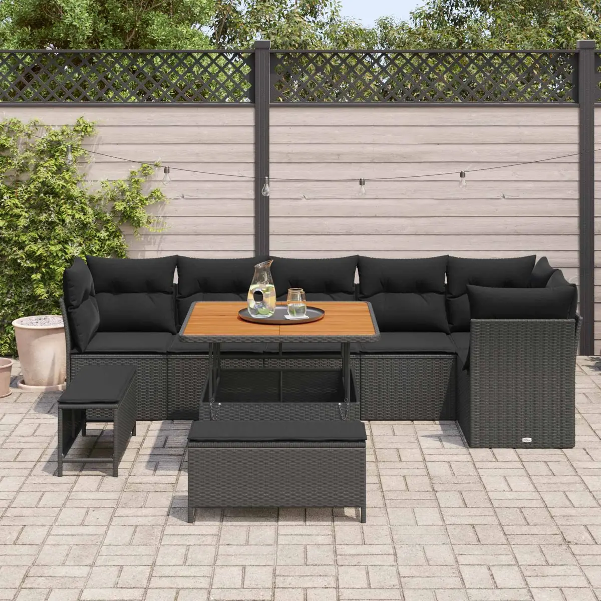Garden Sofa Set Black 9 Pieces Outdoor Seating Poly Rattan Steel Frame