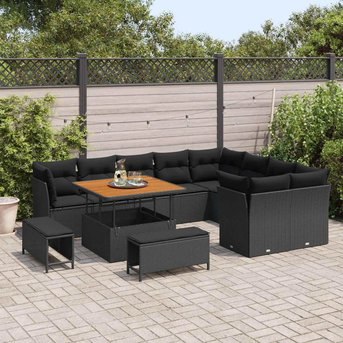 Modular Garden Sofa Set Black 12 Piece Outdoor Seating with Storage Cushions
