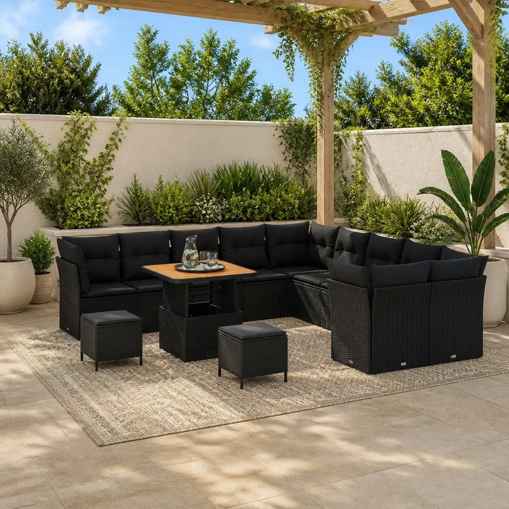 Modular Outdoor Garden Sofa Set Black 13 Pieces Poly Rattan Lounge with Acacia Wood Tabletop