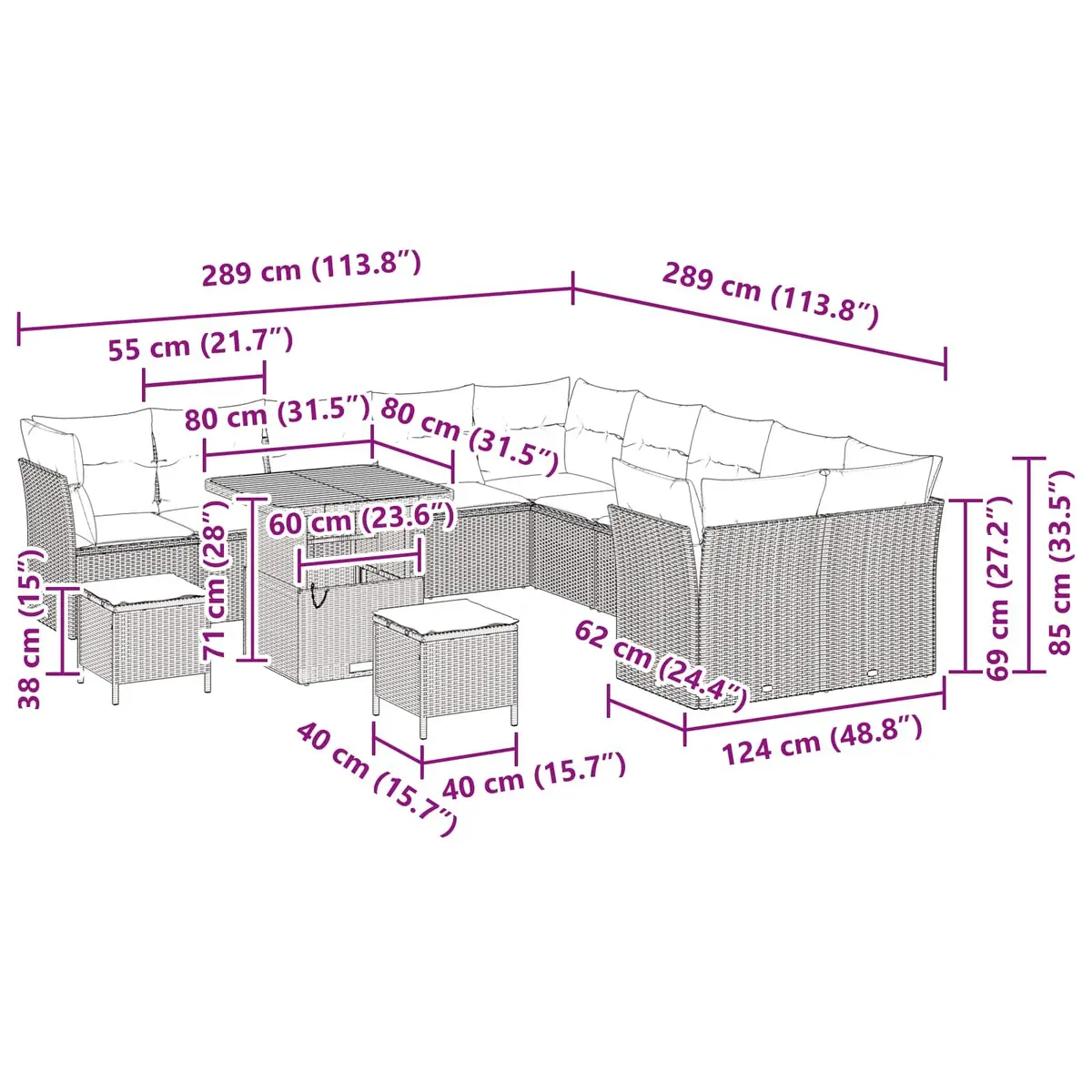 Modular Outdoor Garden Sofa Set Black 13 Pieces Poly Rattan Lounge with Acacia Wood Tabletop