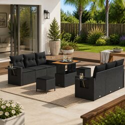 Concise 9-Piece Black Garden Sofa Set