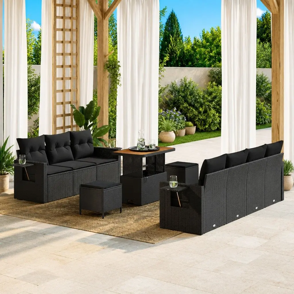 Modular Garden Sofa Set Black 10 Pieces Poly Rattan Outdoor Seating with Storage