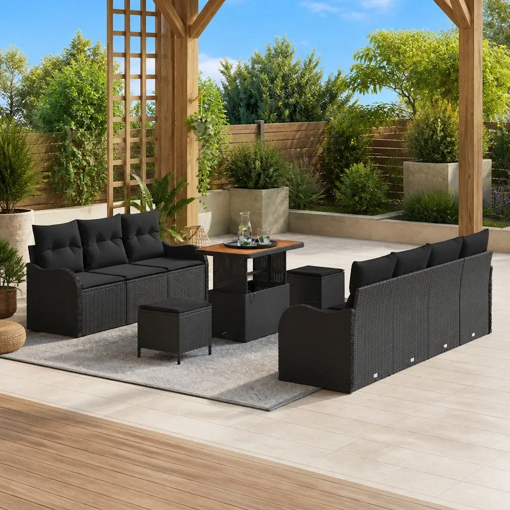 Modular Garden Sofa Set Black 10 Piece Poly Rattan Sectional with Storage