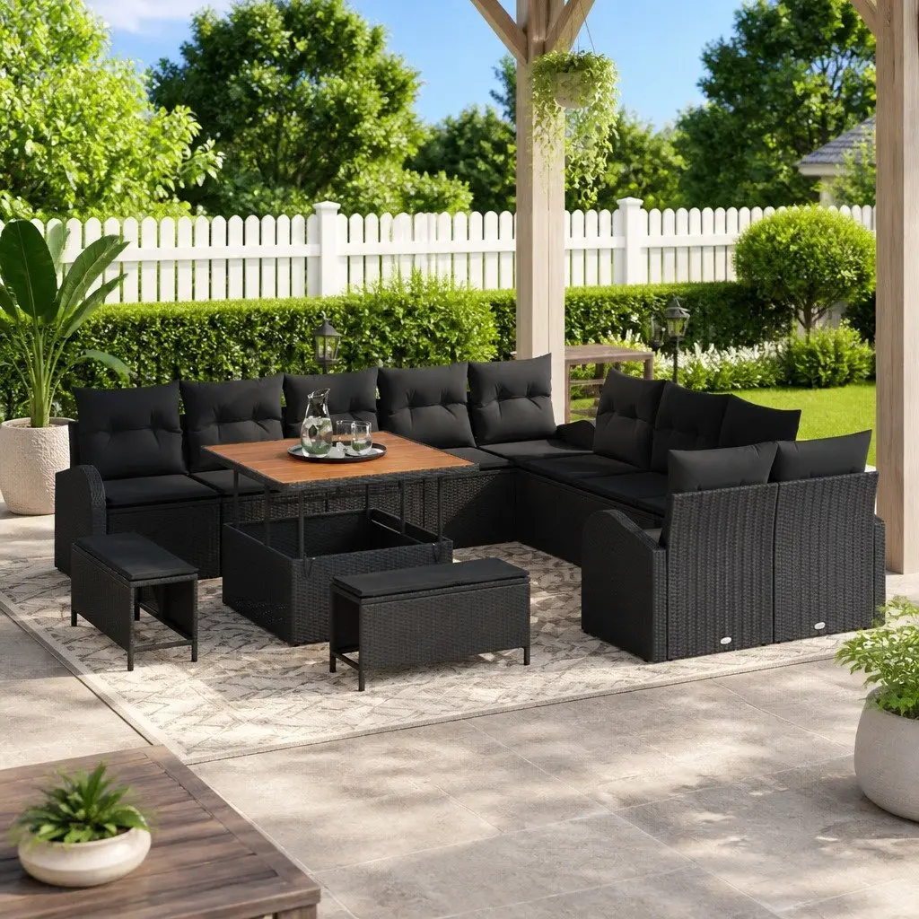 Outdoor Garden Sofa Set Black 13 Piece Cushioned Seating with Storage