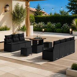 Outdoor Garden Sofa Set 10 Pieces Black Poly Rattan Patio Furniture with Storage