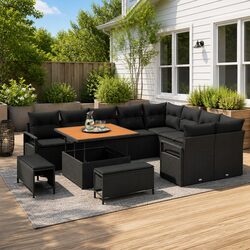 Outdoor Garden Sofa Set 12pcs Black Poly Rattan Furniture with Storage Cushions