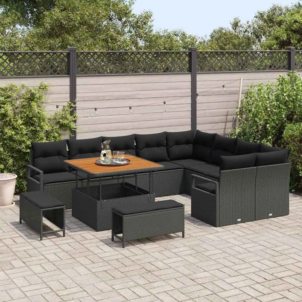 Outdoor Sofa Set Black 12 Piece Poly Rattan Weather Resistant with Storage and Cushions