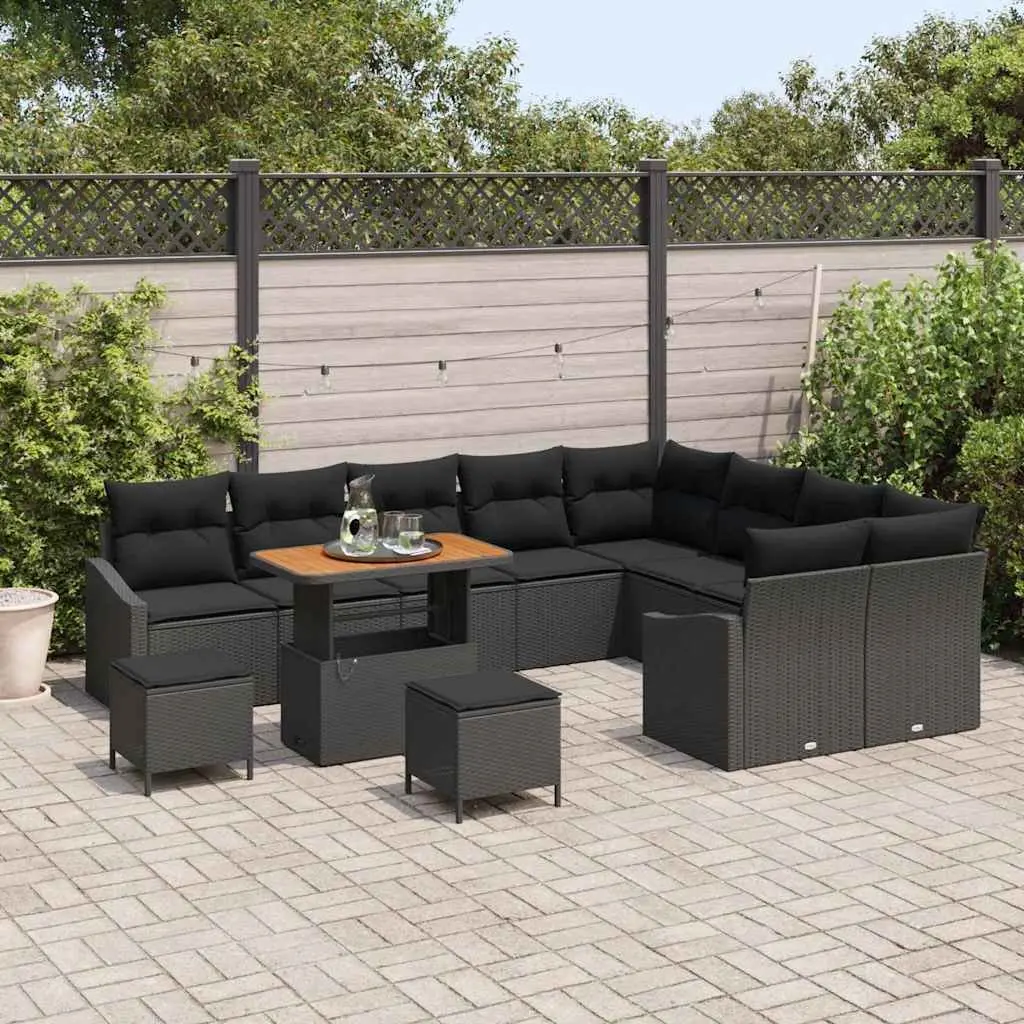 Modular Black Poly Rattan Outdoor Sofa Set with Cushions Flexible Seating Arrangement 12 Pieces