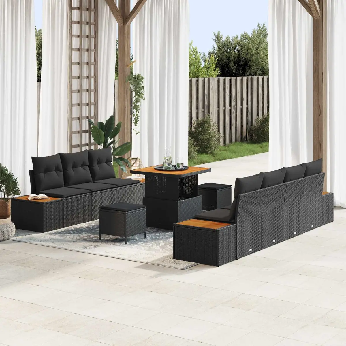 10 Piece Garden Sofa Set Black Poly Rattan with Integrated Storage and Detachable Cushions