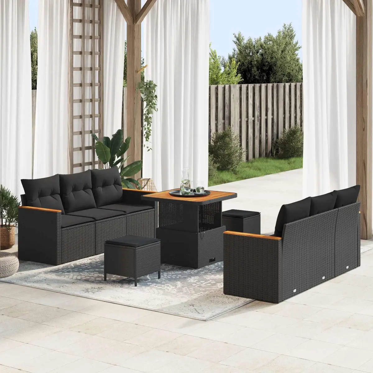 Modular Garden Sofa Set Black 11 Pieces Poly Rattan Acacia Wood Outdoor Cushions