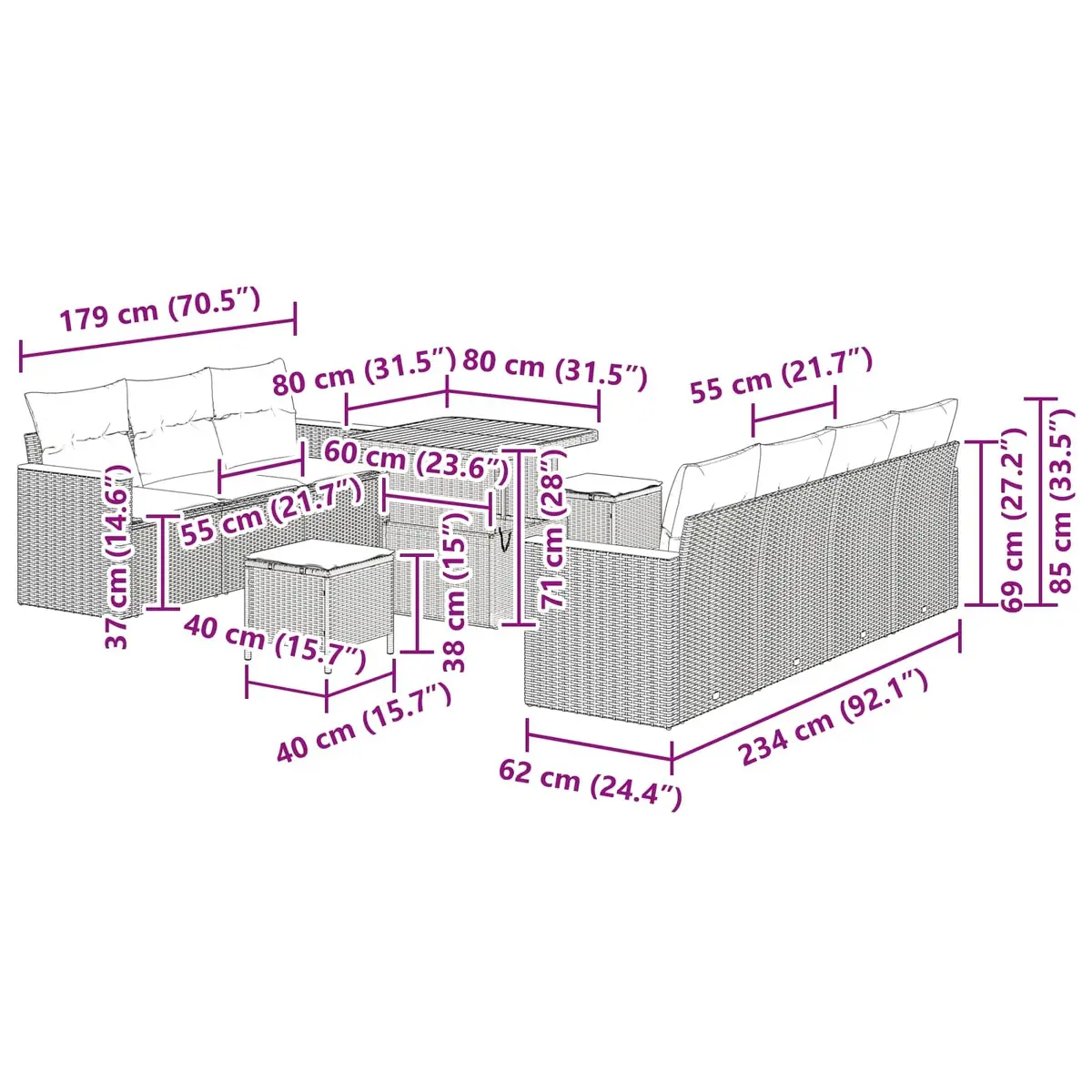 Modular Garden Sofa Set Black 14 Piece Outdoor Seating Poly Rattan Cushioned