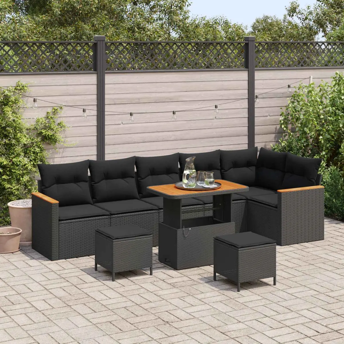 Modular Outdoor Sofa Set Black Poly Rattan with Weatherproof Cushions Storage Compartments Height Adjustable Tabletop