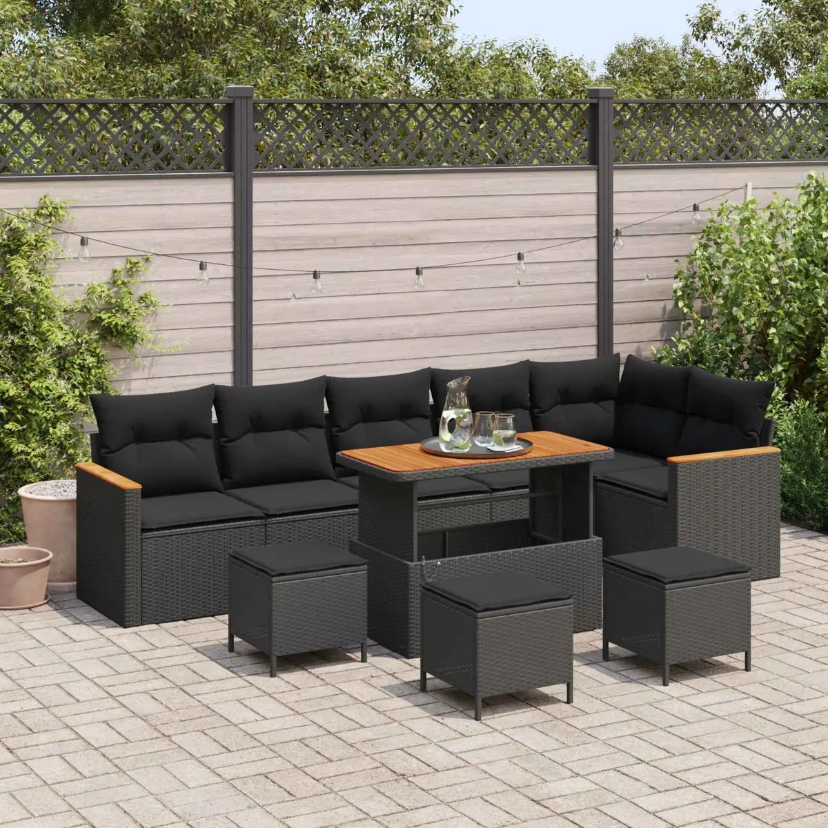 10 Piece Outdoor Sofa Set Black Modular Poly Rattan with Weather Resistant Cushions and Acacia Wood Accents