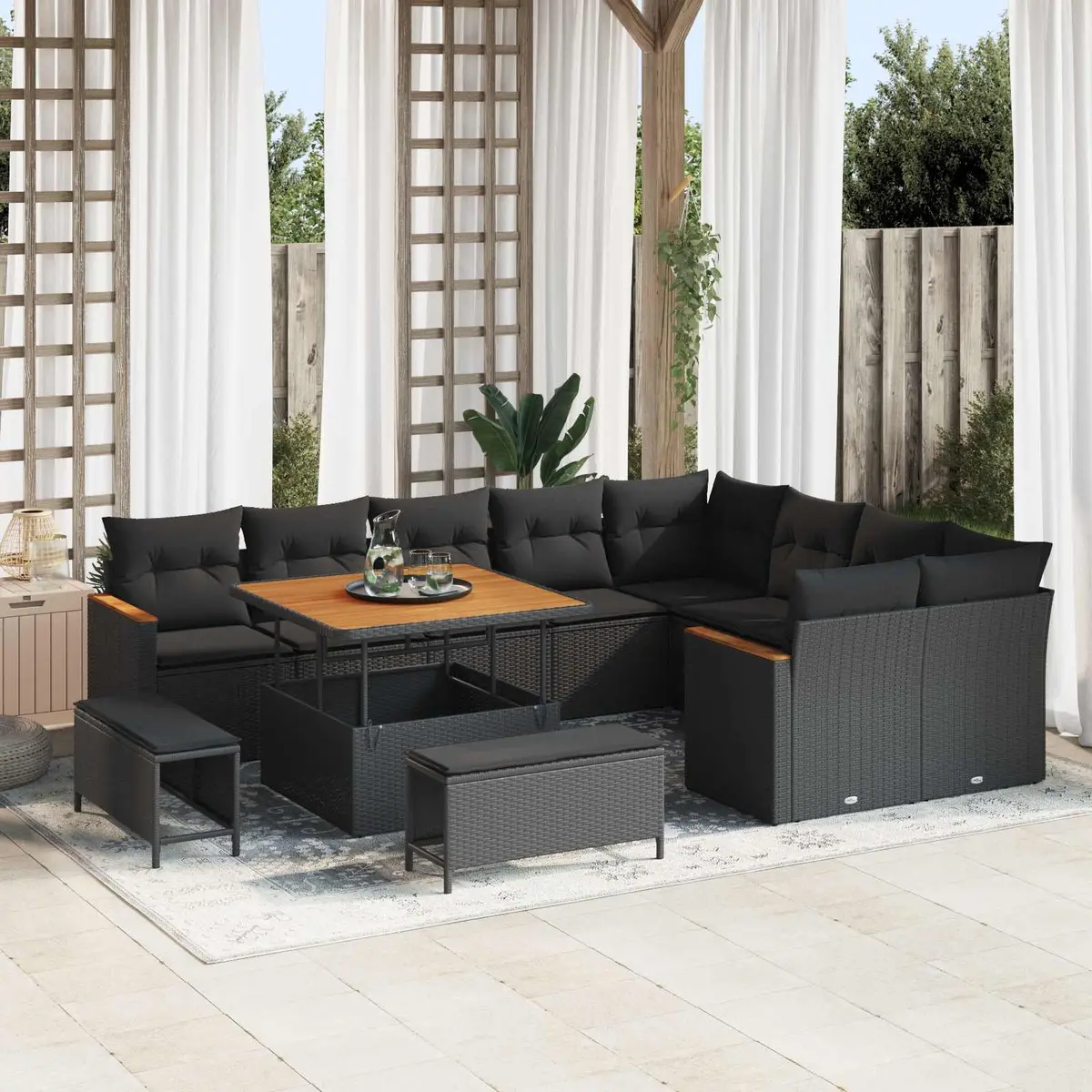 Modular Garden Sofa Set Black 12 Pieces Outdoor Patio Seating with Cushions