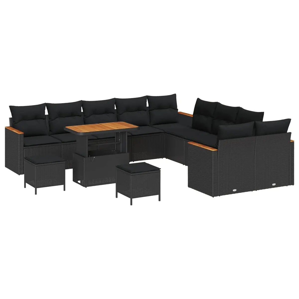 Modular Garden Sofa Set Black 13 Pieces Poly Rattan Acacia Wood Weather Resistant Cushions