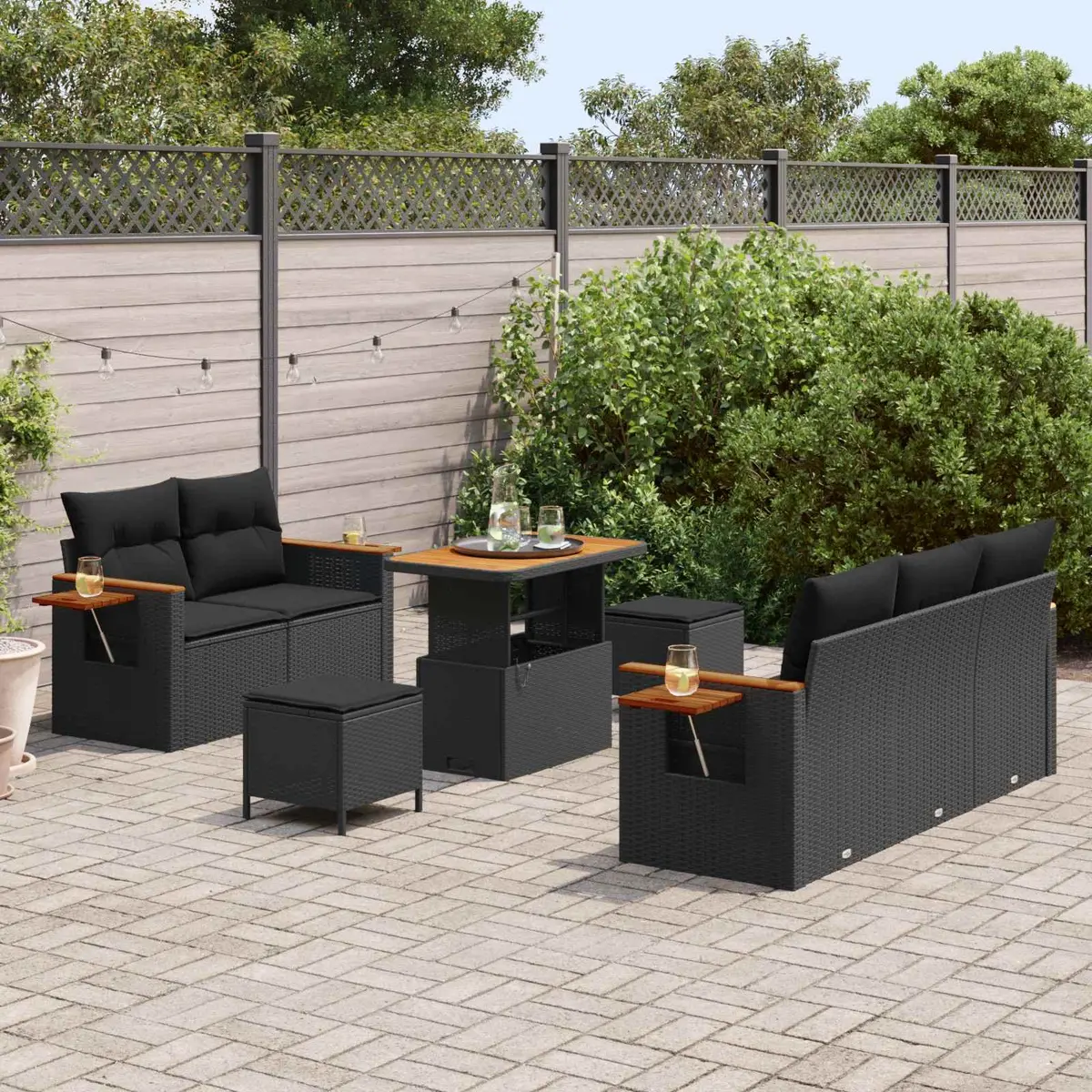 Outdoor Garden Sofa Set Black 10 Piece Modular Lounge Seating Weather-Resistant Cushions Poly Rattan Acacia Wood Frame