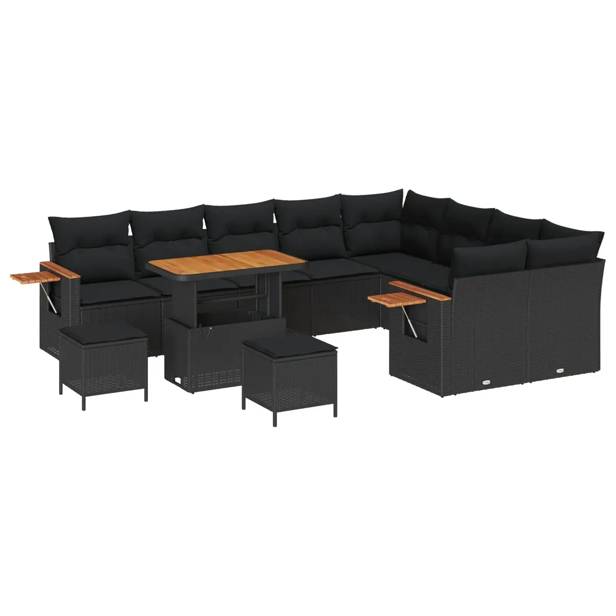 Modular Garden Sofa Set Black 13 Piece Outdoor Seating Poly Rattan Acacia Wood