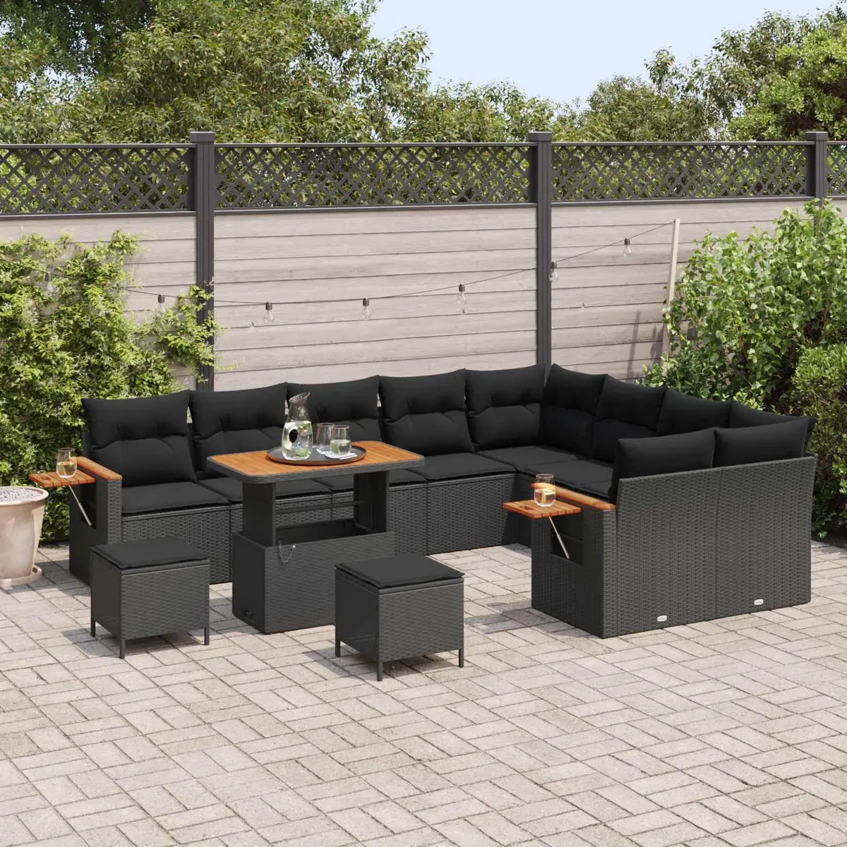 Modular Garden Sofa Set Black 13 Piece Outdoor Seating Poly Rattan Acacia Wood