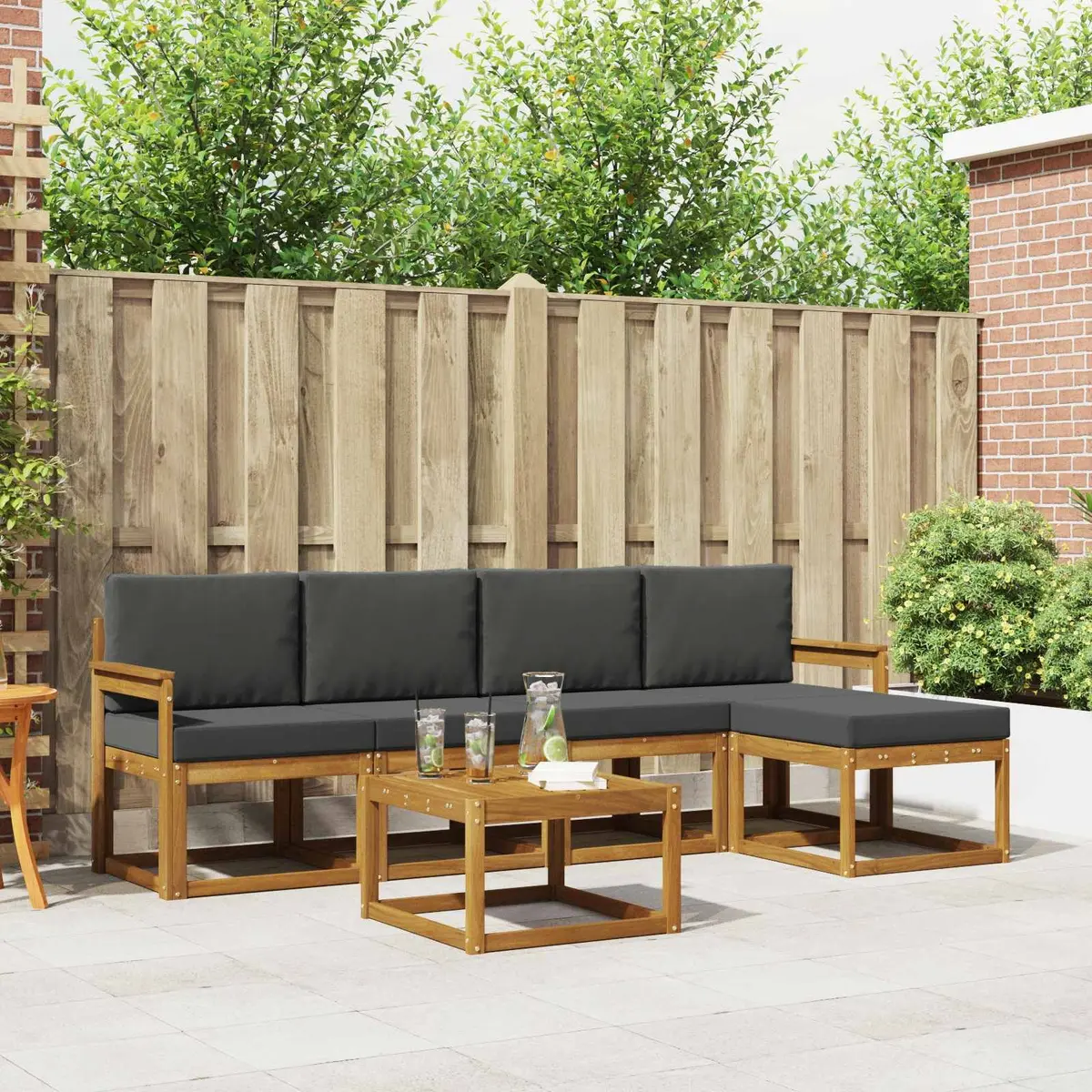 Outdoor Sectional Sofa Set Brown Anthracite 6 Pieces Solid Acacia Wood Cushions