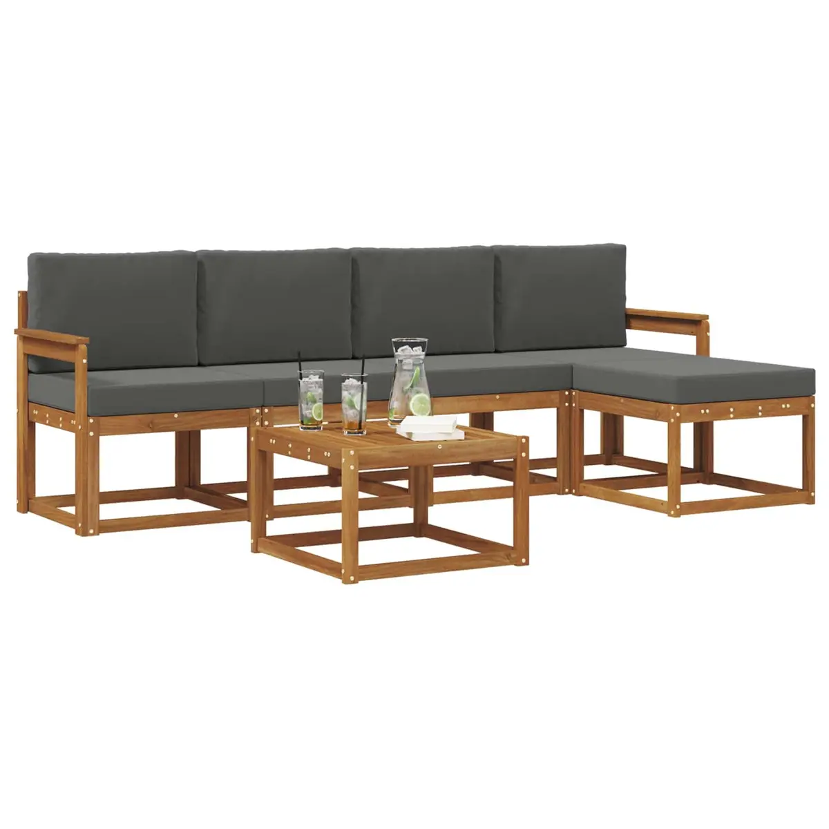 Outdoor Sectional Sofa Set Brown Anthracite 6 Pieces Solid Acacia Wood Cushions