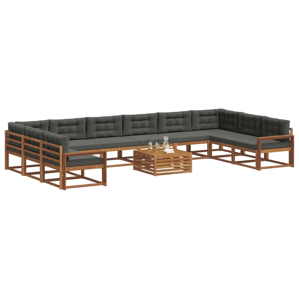 Outdoor Sectional Sofa Set Brown 11 Piece Cushioned Lounge with Solid Acacia Wood Frame
