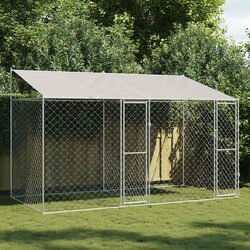 Dog Cage with Roof Silver 400 x 200 x 256 cm Outdoor Pet Kennel Run Enclosure