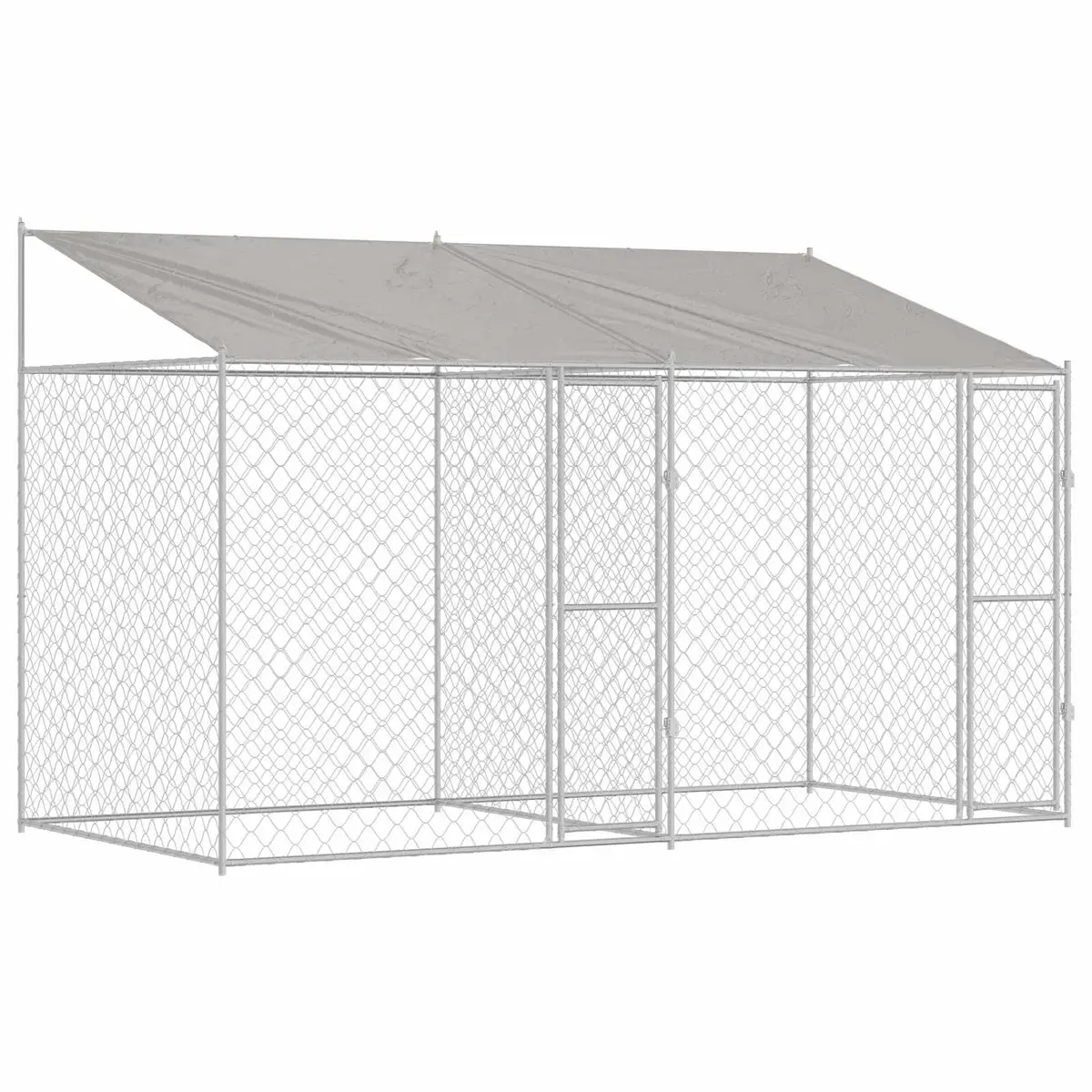 Dog Kennel Silver 400 x 200 x 256 cm Outdoor Cage with Roof Sturdy Steel Frame Lockable Door Wire Mesh Walls