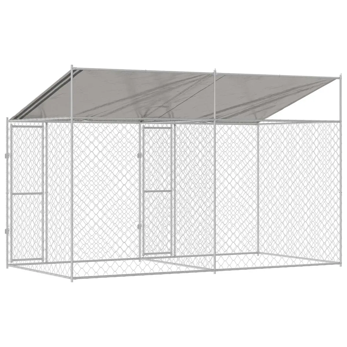 Dog Kennel Silver 400 x 200 x 256 cm Outdoor Cage with Roof Sturdy Steel Frame Lockable Door Wire Mesh Walls